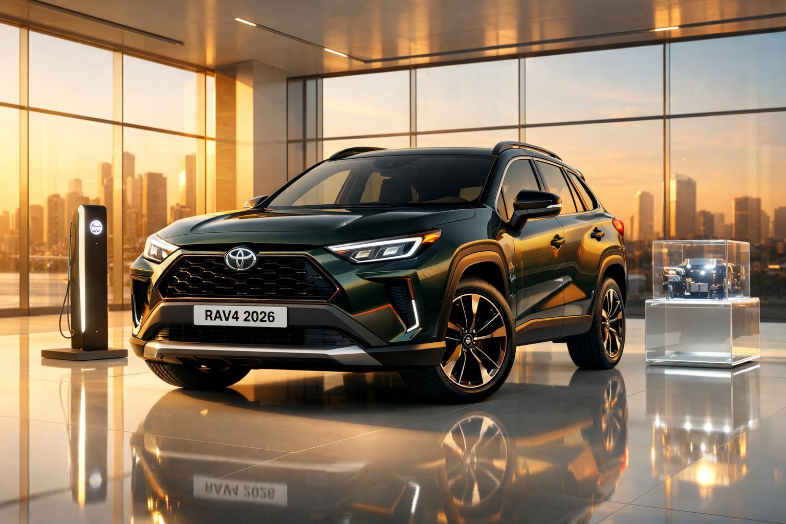 SUV Toyota RAV4 2026 verde escuro em ambiente interno com iluminação natural ao entardecer.