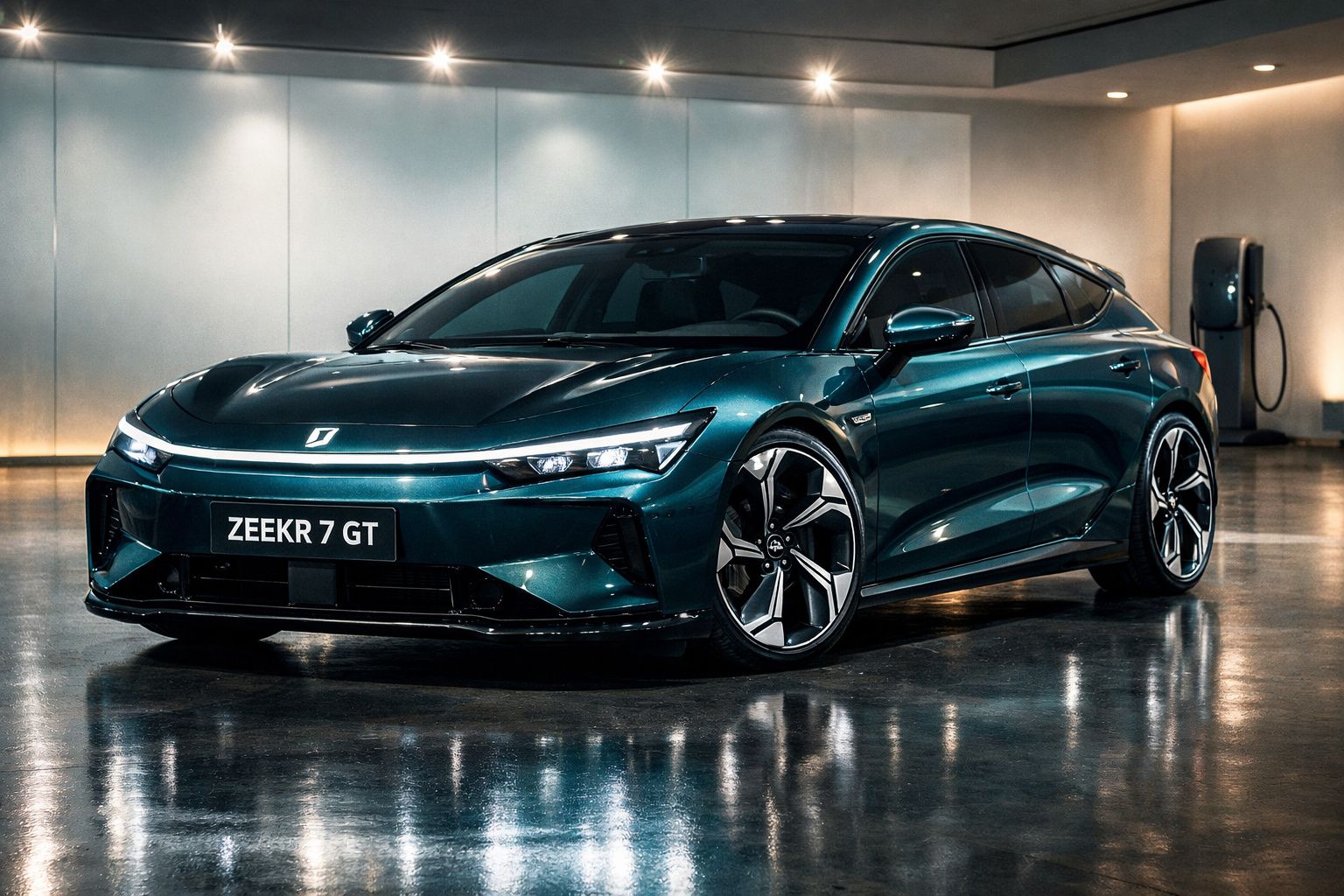 Carro elétrico esportivo Zeekr 7 GT verde em garagem moderna com carregador na parede.