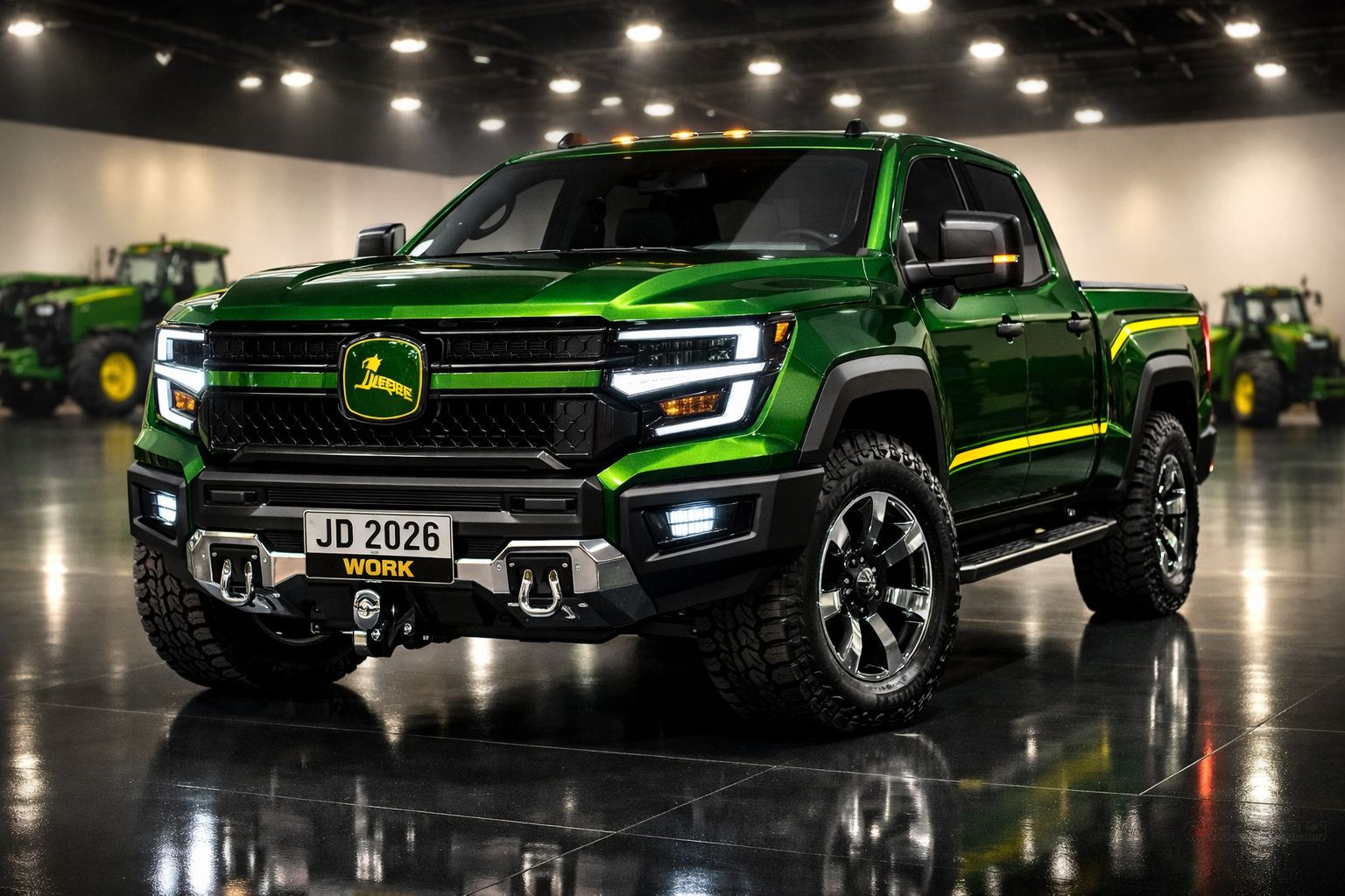 Picape verde brilhante modelo John Deere JD 2026 Work em ambiente interno iluminado.