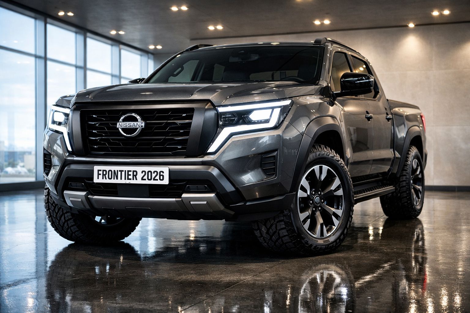 Picape Nissan Frontier 2026 cinza escuro exposta em ambiente interno com iluminação moderna.