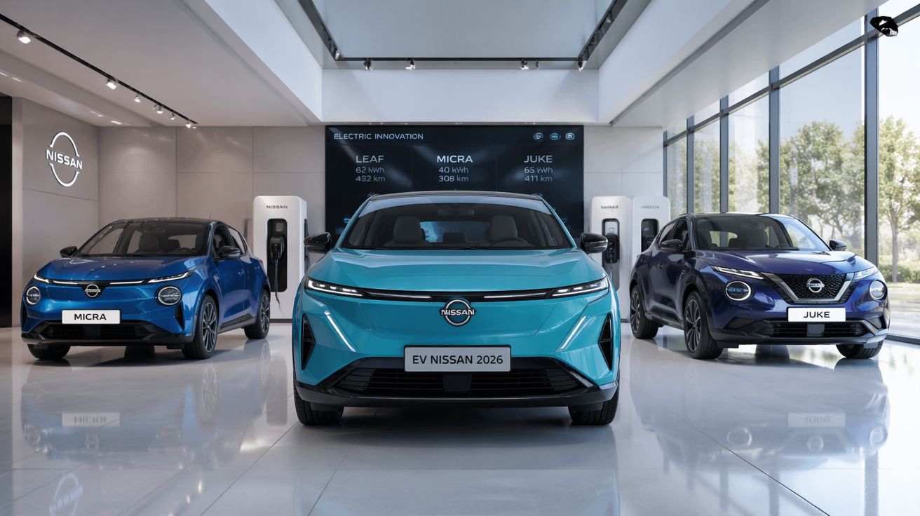 Três carros elétricos Nissan azuis em exposição em showroom moderno com iluminação natural.